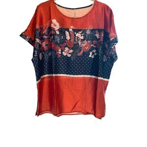 I Too Women Orange with flowers Short Sleeve Blouse Size 1XL